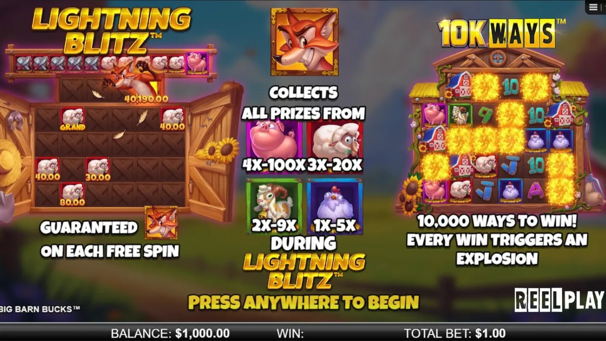 Big Barn Bucks slot game screen na may mga hayop at farm theme